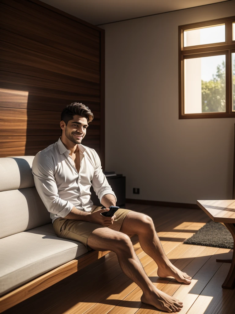 realistic image, 8K resolution, Realistic textures, natural lighting, detailed features and features, definition in feet, detailed and realistic feet. 25 year old Latin man, short hair, smiling. Wear formal clothes, barefoot. He is sitting on a sofa with his feet on a wooden table, He holds a cell phone in his hand and a remote control in the other.. Located in a minimalist room 