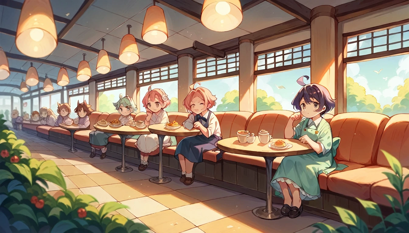 There is a picture of a restaurant with many tables and chairs, cozy Cafe background, Studio Greeble Makoto Shinkai, pleasant Cozy atmosphere, Cafe interior, Makoto Shinkai&#39;s Style, Anime Background Art, ( ( makoto shinkai ) ), makoto shinkai. —h 2160, Cozy atmosphere, Cafe, Sunny atmosphere, JBowser