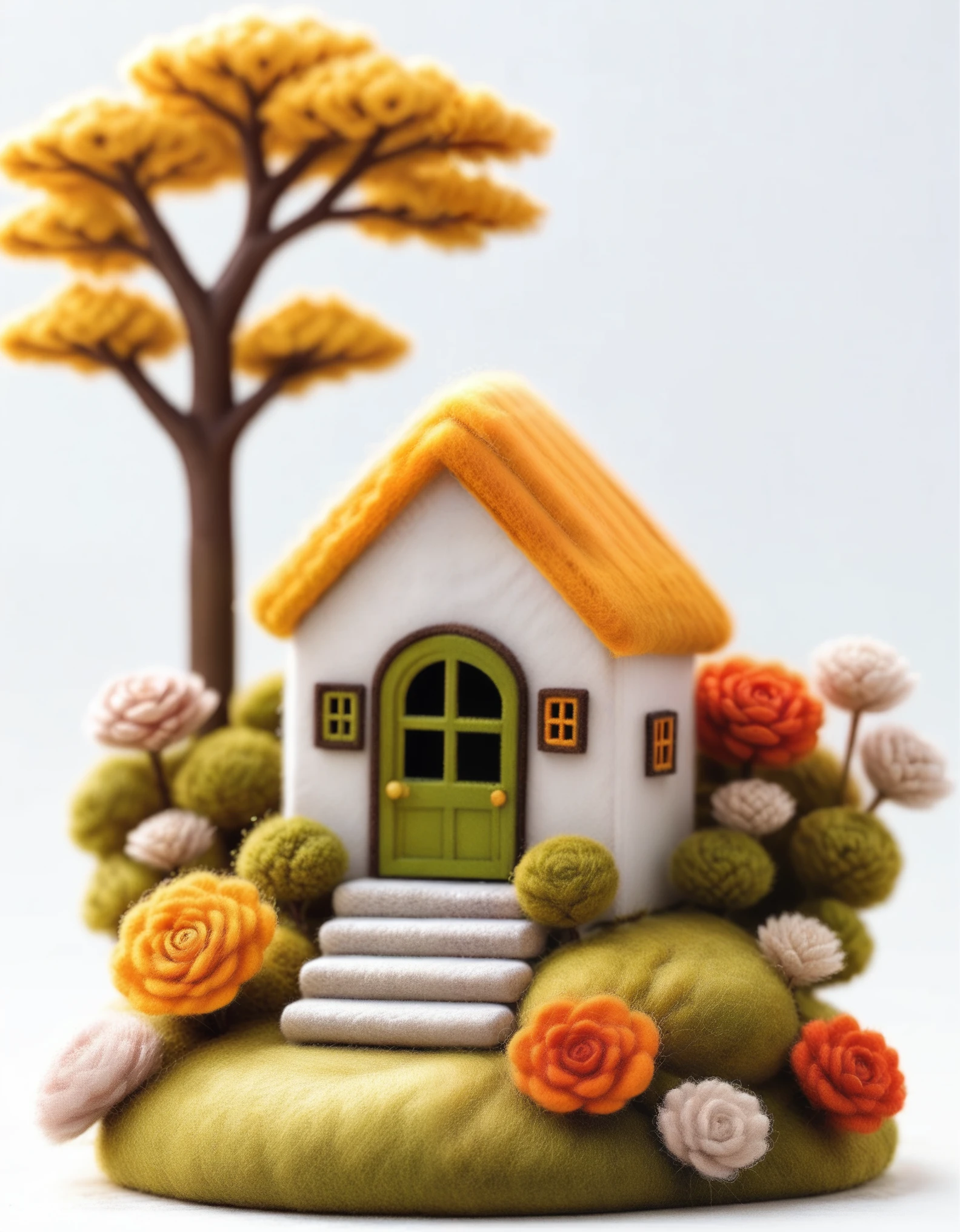 maozhan, felt style, masterpiece,high quality, a small house in the countryside,a cute cat front of the house,the feeling of a fairy tale world,white background,