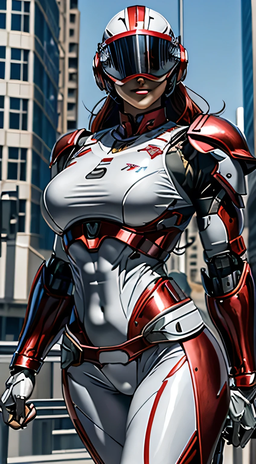 Female Robocop Solo、Bright outdoors、strong light source、8K, high quality, masterpiece, 最high quality, Crisp contrast、Very detailed、Full body armor、Very large armor、Helmet covering the head、Clear photos、His eyes are hidden by thin straight goggles:1.3、The lower half of the face is raw々Shii:1.5、The lower half of the face is exposed、Seductive lips、Red metallic armor、White accent color、Armor that completely covers the chest、Long, slender legs、Vibrant Posselo Body View,Big and ample breasts:1.5, (Sports Body:1.5)、Five Fingers、Hold a handgun、In the city