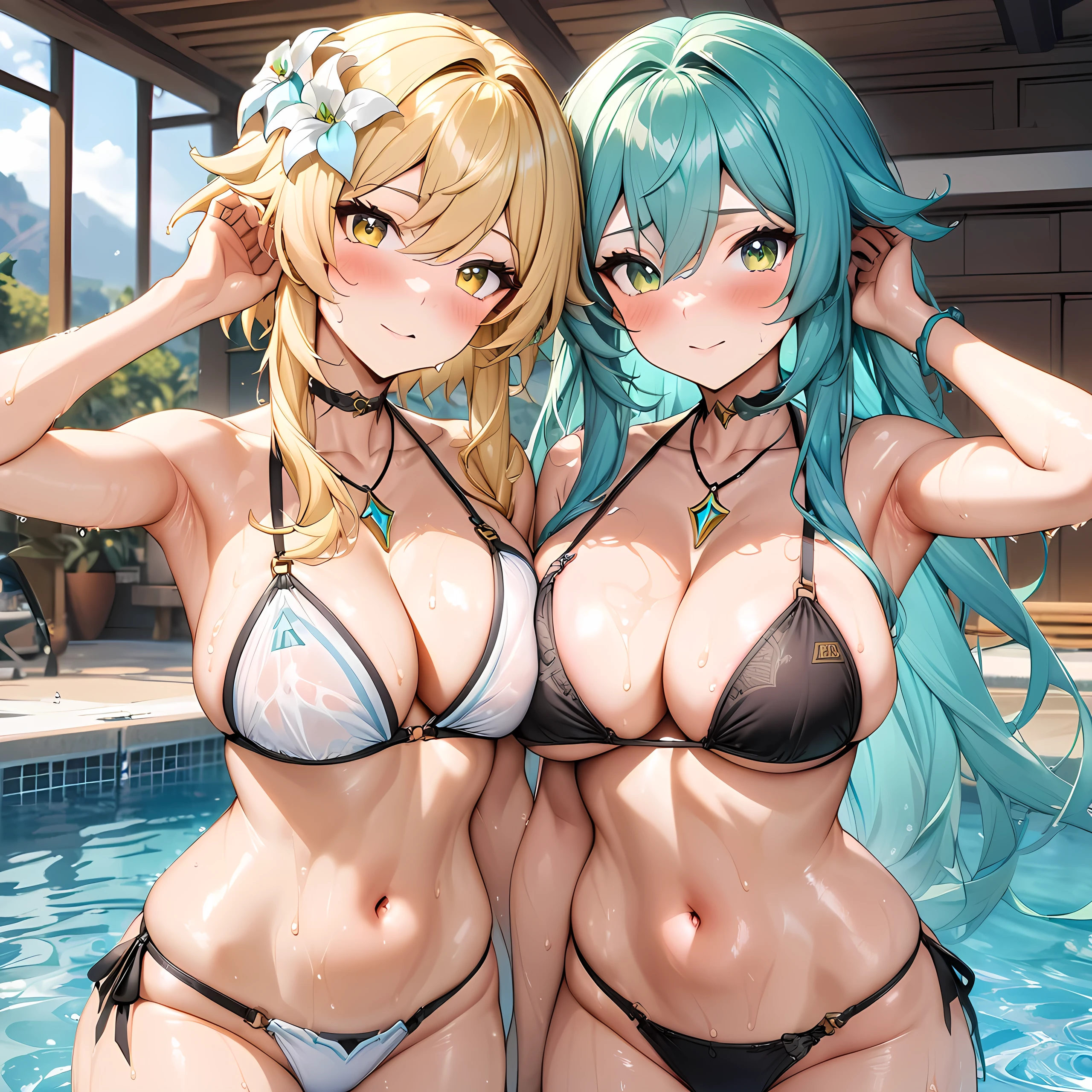 (masterpiece), (highest quality), (illustration), (super detailed), (high resolution), absurdity,2girls,(hatsune miku:1.3,green eyes),(lumine,genshin impact:1.4,gold eyes,hair flowers),poolside,looking at viewer,patterned string bikini,navel,happy,blush,curvy,big breasts,triangle pendant,hand over head,hair down,sexy pose,standing,wet