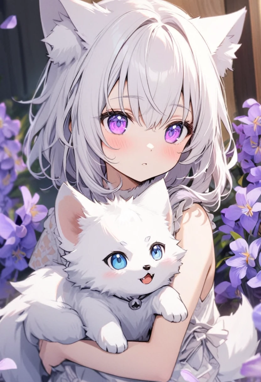 Small white wolf cub with lilac iris eyes on someone's shoulder