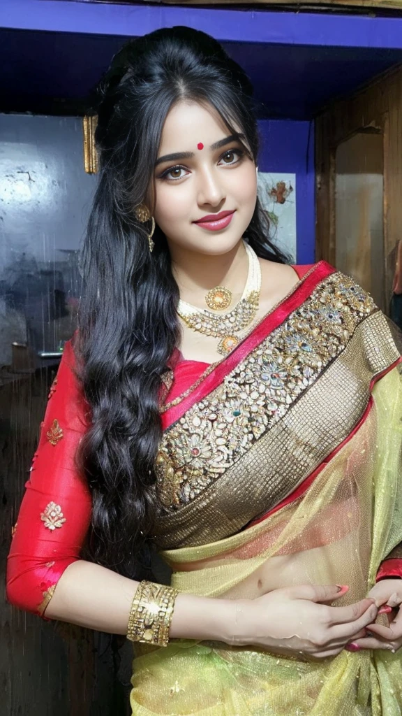 portrait,(NSFW 0.75) boy,woman, ((princess pose)) ,very very big breast, soft nylon sexy saree , orange , pink ,teal,red, yellow colour ,flower design modern light wedding saree, colorful, flower armor, good anatomy, best quality, (((masterpiece))), high quality, realist, best detailed, details, realist skin, skin detailed, underboobs, beautiful posing under a fairy tale of exotic magic,lehenga choli, girl immersed in water , soaked saree, meadows background , bokeh effect , chubby , nipple slip , put milk in breast,off shoulder, strapless blouse, different saree wearing style,(multi chain jewellery blouse),(wearing jewellery on blouse)(buttocks and looking back)(((girl have pot on hip)))((saree flyon air))