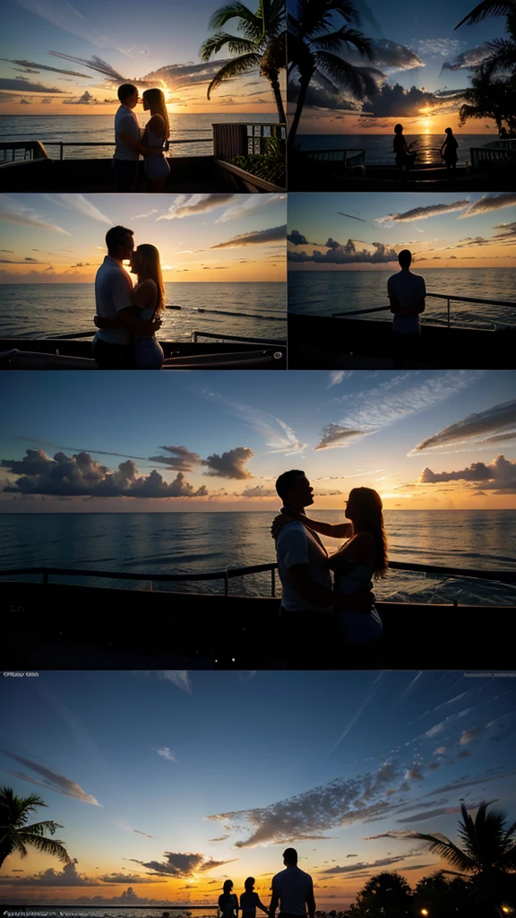 Day and night in Florida: A montage showing a couple enjoying different activities in Florida from sunrise to sunset and into the night, highlighting their love in various beautiful settings.