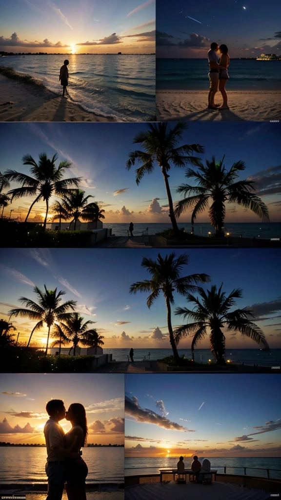 Day and night in Florida: A montage showing a couple enjoying different activities in Florida from sunrise to sunset and into the night, highlighting their love in various beautiful settings.