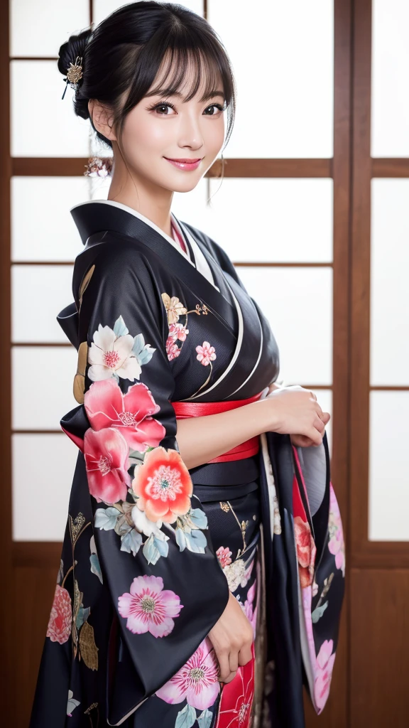 (Super beautiful woman in kimono)、((highest quality、8K masterpiece:1.3))、sharp focus:1.2、(super beautiful face:1.0)、(shiny skin:1.0)、realistic pictures、black hair、video lighting、High resolution eyes and face、video lighting、japanese actress、from the front、with a happy smile、whole body、wearing a kimono、in Kyoto、(luxury obi)、with a fan