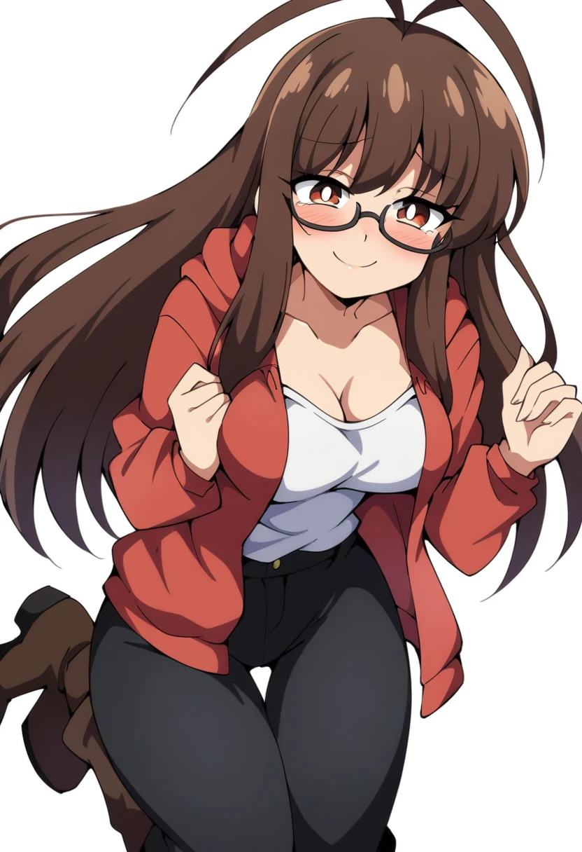 (mix1), anime art style, 2d, masterpiece, best quality, very aesthetic, absurdres, dynamic shadows, atmosferic, (1girl), (brown hair), antenna hair, long hair, brown eyes, eyeslashes, detailed eyes, glasses, ahoge, bangs, medium breasts, cleavage, collarbone, makeup, intense blush, red hoodie, white shirt, black pants, brown boots, open clothes, sexy smile, standing on one leg, (cowboy shot), from front, looking at viewer, simple background, ((white background))