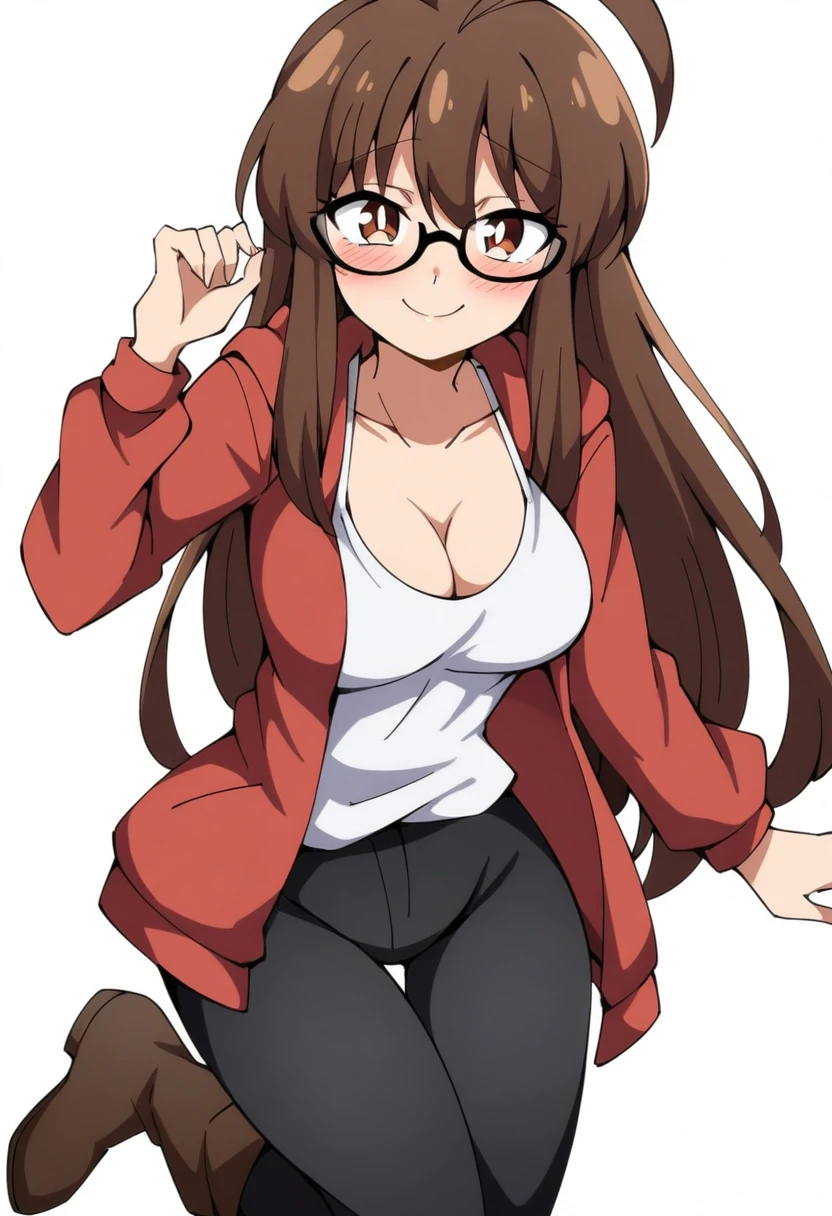 (mix1), anime art style, 2d, masterpiece, best quality, very aesthetic, absurdres, dynamic shadows, atmosferic, (1girl), (brown hair), antenna hair, long hair, brown eyes, eyeslashes, detailed eyes, glasses, ahoge, bangs, medium breasts, cleavage, collarbone, makeup, intense blush, red hoodie, white shirt, black pants, brown boots, open clothes, sexy smile, standing on one leg, (cowboy shot), from front, looking at viewer, simple background, ((white background))