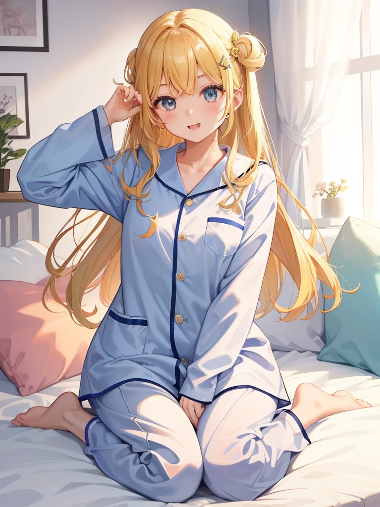 One Girl、Laughter、uniform、Chirarizum、whole body、blonde、Character portrait、Head to Toe、pajamas、Wearing fluffy loungewear