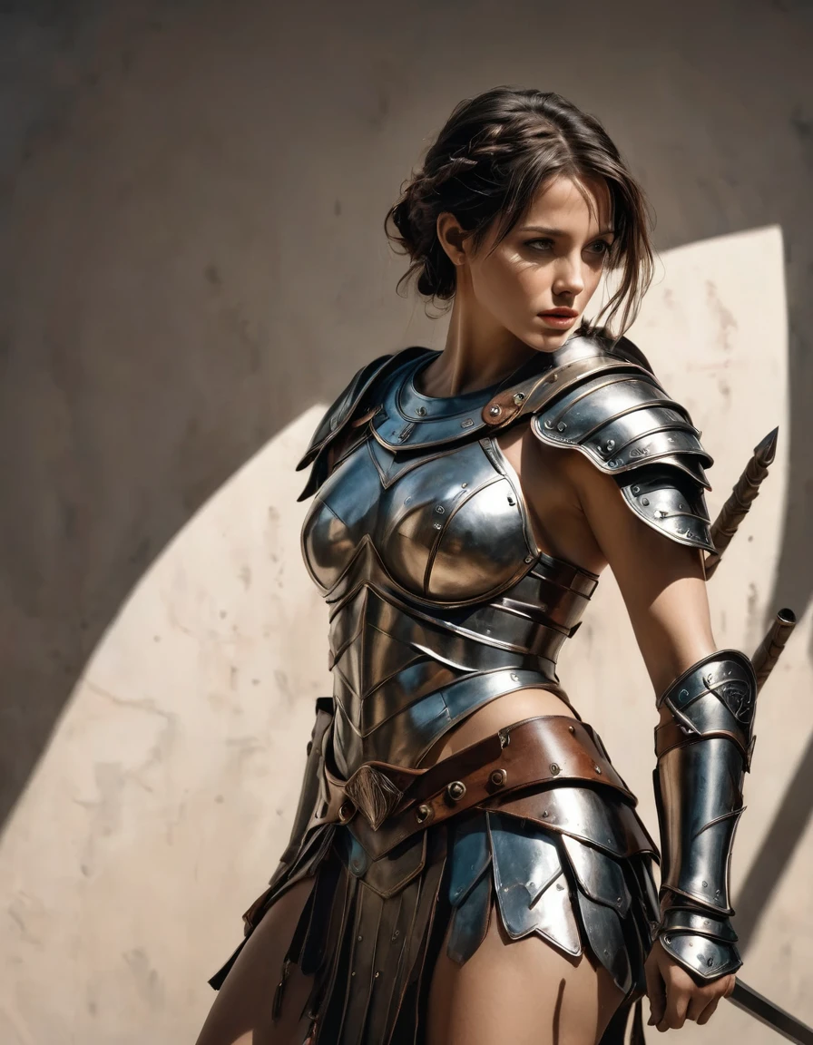 smooth lines, Express expressions and postures through ink contrast, The background is simple. emphasize light, shadow and space. ((full body):1.3), Drawing of Mature beauty. ((Detailed eye):1.3),((fresh)), wearing gladiator armor, painting, (best quality,4K,8k,high resolution,masterpiece:1.2),Super detailed,(actual,photoactual,photo-actual:1.37).
