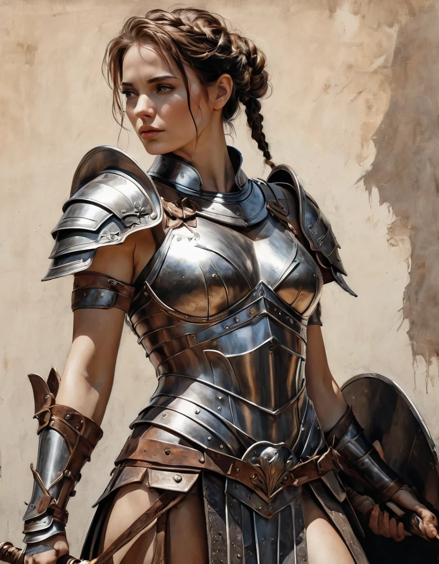 smooth lines, Express expressions and postures through ink contrast, The background is simple. emphasize light, shadow and space. ((full body):1.3), Drawing of Mature beauty. ((Detailed eye):1.3),((fresh)), wearing gladiator armor, painting, (best quality,4K,8k,high resolution,masterpiece:1.2),Super detailed,(actual,photoactual,photo-actual:1.37).