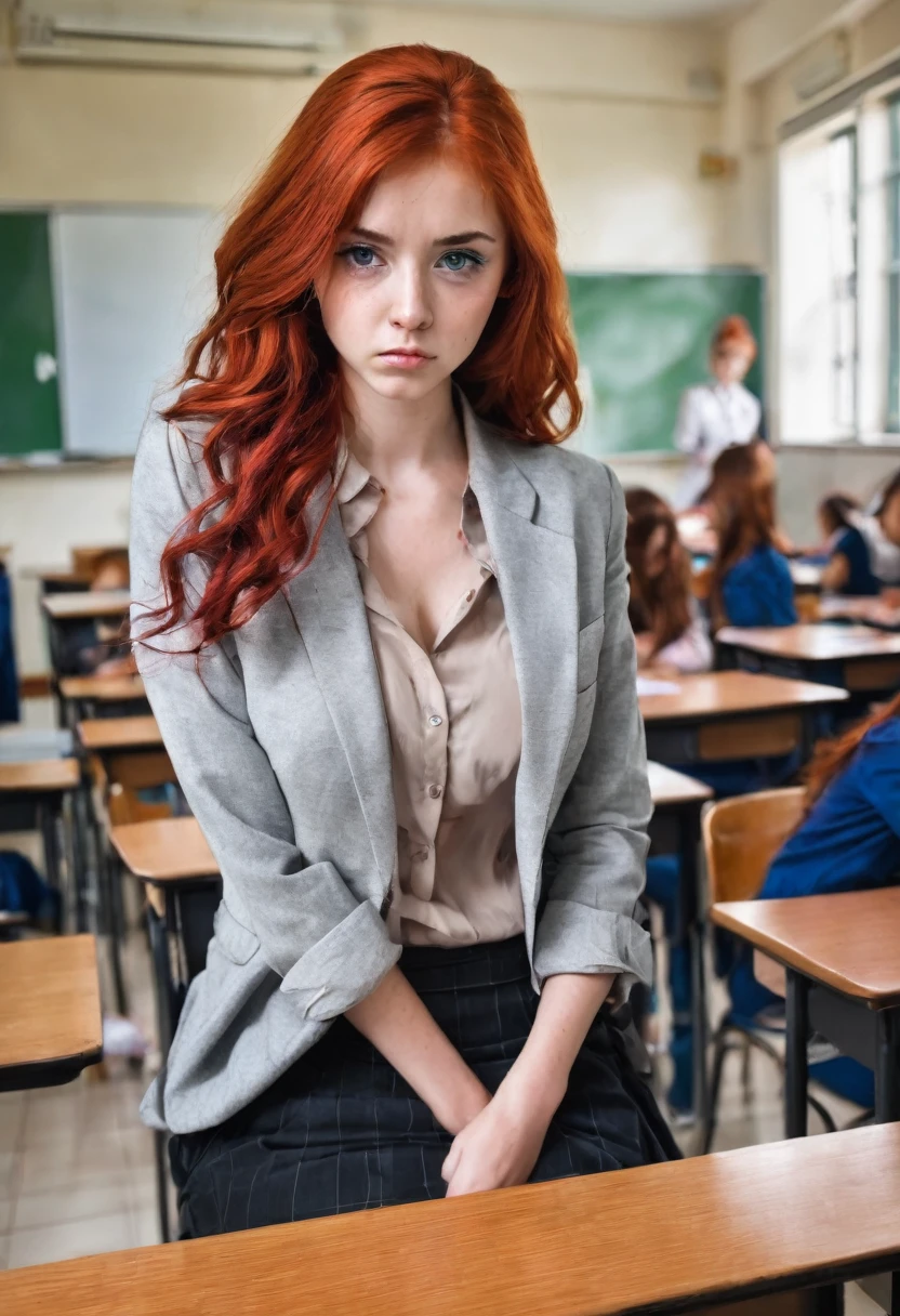 sitting at a table with red hair, Sexy photo of a very young sexy woman, girl with messy red hair, Beautiful redhead, juicy figure, big breasts, wonderful big eyes and full lips, at school , In the classroom context, Attire, She is angry, bothers, Angry, sits at the table, Beautiful