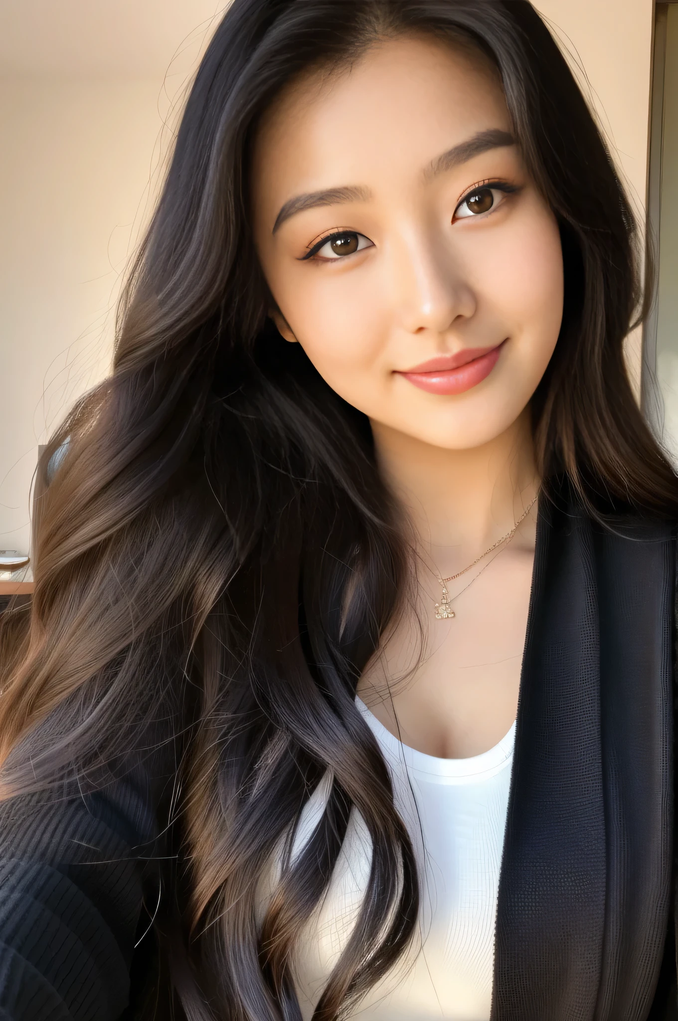 a Closeup of a woman wearing a thin sheer floral cardigan, shorts,20 years old,nodded, 21 years old, 22 years old, Cl, 19 year old girl, long straight black hair,, 23 year old, Selfie de uma jovem,large breasted, large breasted, big serve, full body shot shot, Selfie, ,large breasted,ssmile , Selfie