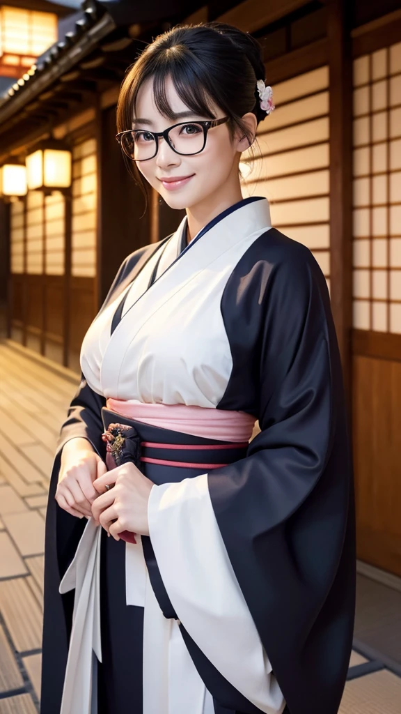 (Super beautiful woman in kimono)、((highest quality、8K masterpiece:1.3))、sharp focus:1.2、(super beautiful face:1.0)、(shiny skin:1.0)、realistic pictures、black hair、video lighting、High resolution eyes and face、video lighting、japanese actress、from the front、big breasts、with a happy smile、Slender abs beauty、whole body、wearing a kimono、in Kyoto、(((luxury obi)))、In Kyoto at night、wearing glasses with no edge、with a fan
