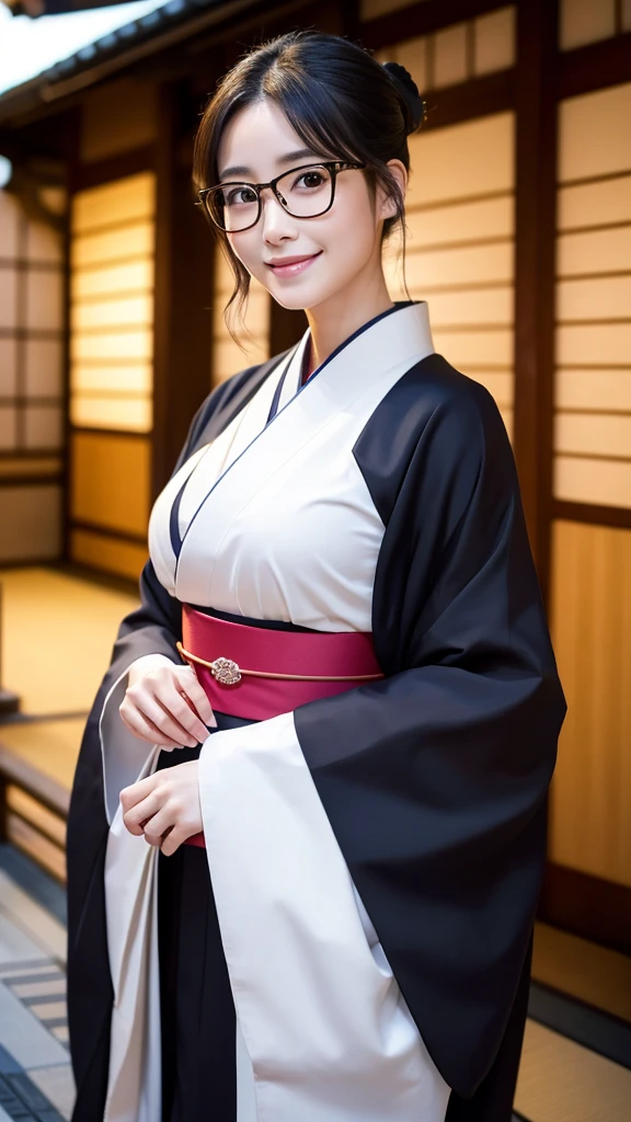 (Super beautiful woman in kimono)、((highest quality、8K masterpiece:1.3))、sharp focus:1.2、(super beautiful face:1.0)、(shiny skin:1.0)、realistic pictures、black hair、video lighting、High resolution eyes and face、video lighting、japanese actress、from the front、big breasts、with a happy smile、Slender abs beauty、whole body、wearing a kimono、in Kyoto、(((luxury obi)))、In Kyoto at night、wearing glasses with no edge、with a fan