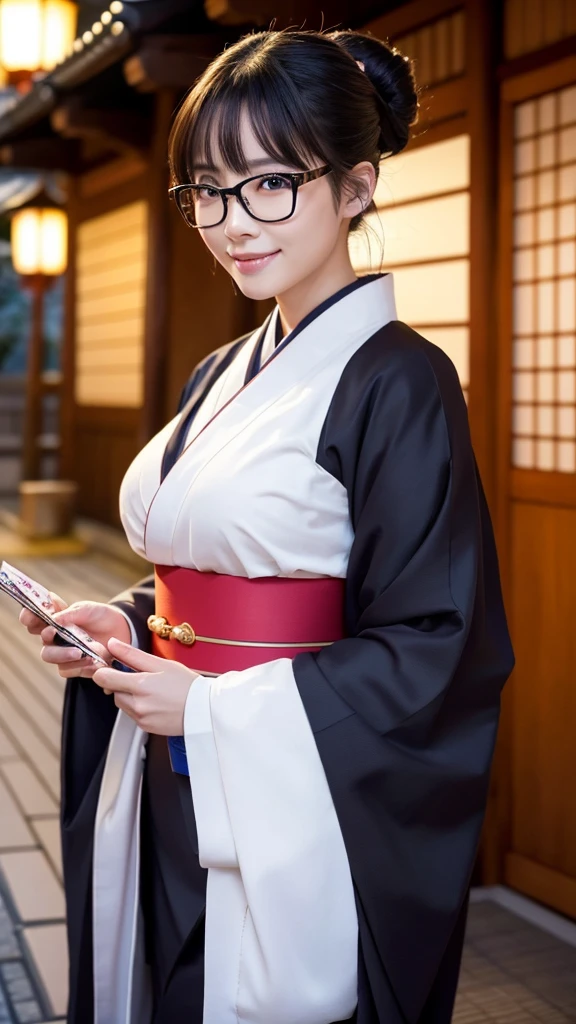 (Super beautiful woman in kimono)、((highest quality、8K masterpiece:1.3))、sharp focus:1.2、(super beautiful face:1.0)、(shiny skin:1.0)、realistic pictures、black hair、video lighting、High resolution eyes and face、video lighting、japanese actress、from the front、big breasts、with a happy smile、Slender abs beauty、whole body、wearing a kimono、in Kyoto、(((luxury obi)))、In Kyoto at night、wearing glasses with no edge、with a fan
