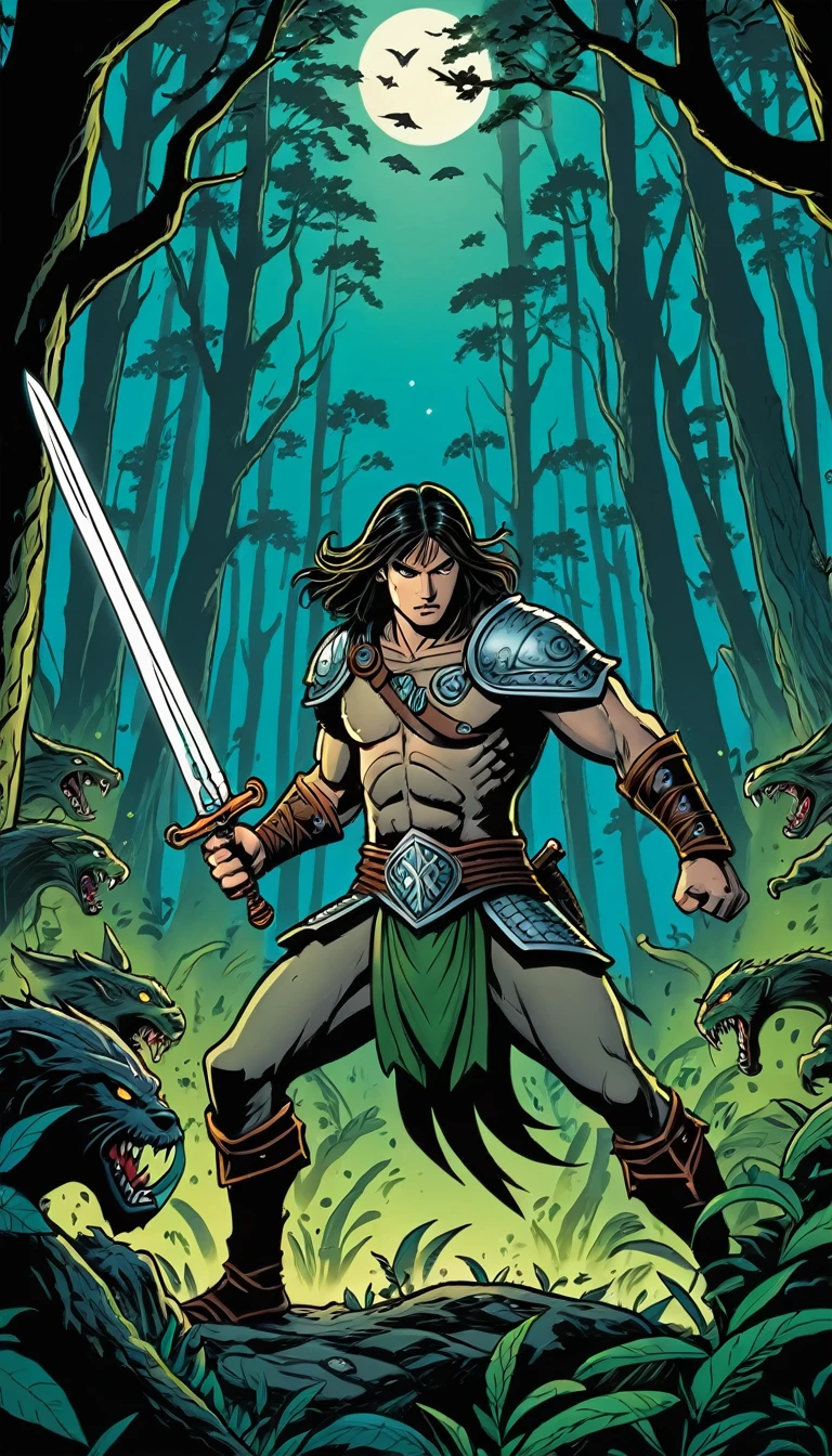 comic 1 warrior in a forest. wearing a sword, fighting against several monsters, surrounded . At night, graphic illustration, comic art, graphic novel art, vibrant, highly detailed