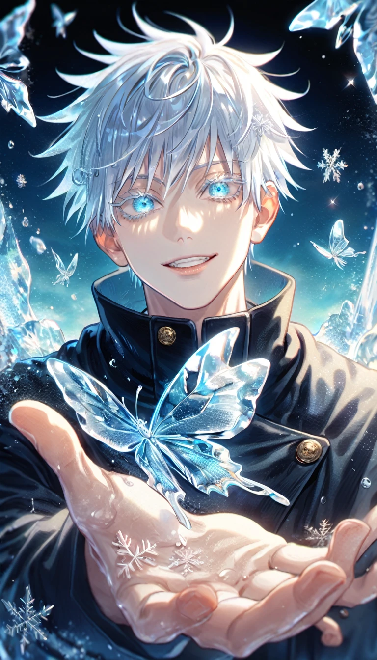 absurdres, highres, ultra detailed, HDR, master piece, best quality, extremely detailed face, delicated features, Gojou Satoru, white hair, with bangs, expressive blue eyes, white eyelashes, Jujutsu Kaisen, sexy man, solo, handsome, smiling, black coat, fantasy, magical, ice, ice butterflies, snowflakes, starry night, ice style