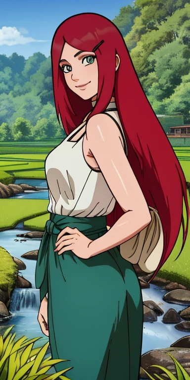 Uzumaki_Kushina, big_chest, stand, alone, Kushina_green_set, Masterpiece, best quality, detailed face, Detailed eyes, height, smile, Ghibli, view, background, (Masterpiece:1.4, best quality:1.2), cute, (beautiful eyes, Beautiful face), Anime screen capture, (height), (detailed illustration), very detailed, sunny day,
midi, look at viewer, from low,
outdoor, country view, summer rice field, The stream is shallow and narrow.,