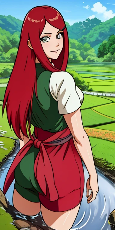 Uzumaki_Kushina, big_chest, stand, alone, Kushina_green_set, Masterpiece, best quality, detailed face, Detailed eyes, height, smile, Ghibli, view, background, (Masterpiece:1.4, best quality:1.2), cute, (beautiful eyes, Beautiful face), Anime screen capture, (height), (detailed illustration), very detailed, sunny day,
midi, look at viewer, from low,
outdoor, country view, summer rice field, The stream is shallow and narrow.,