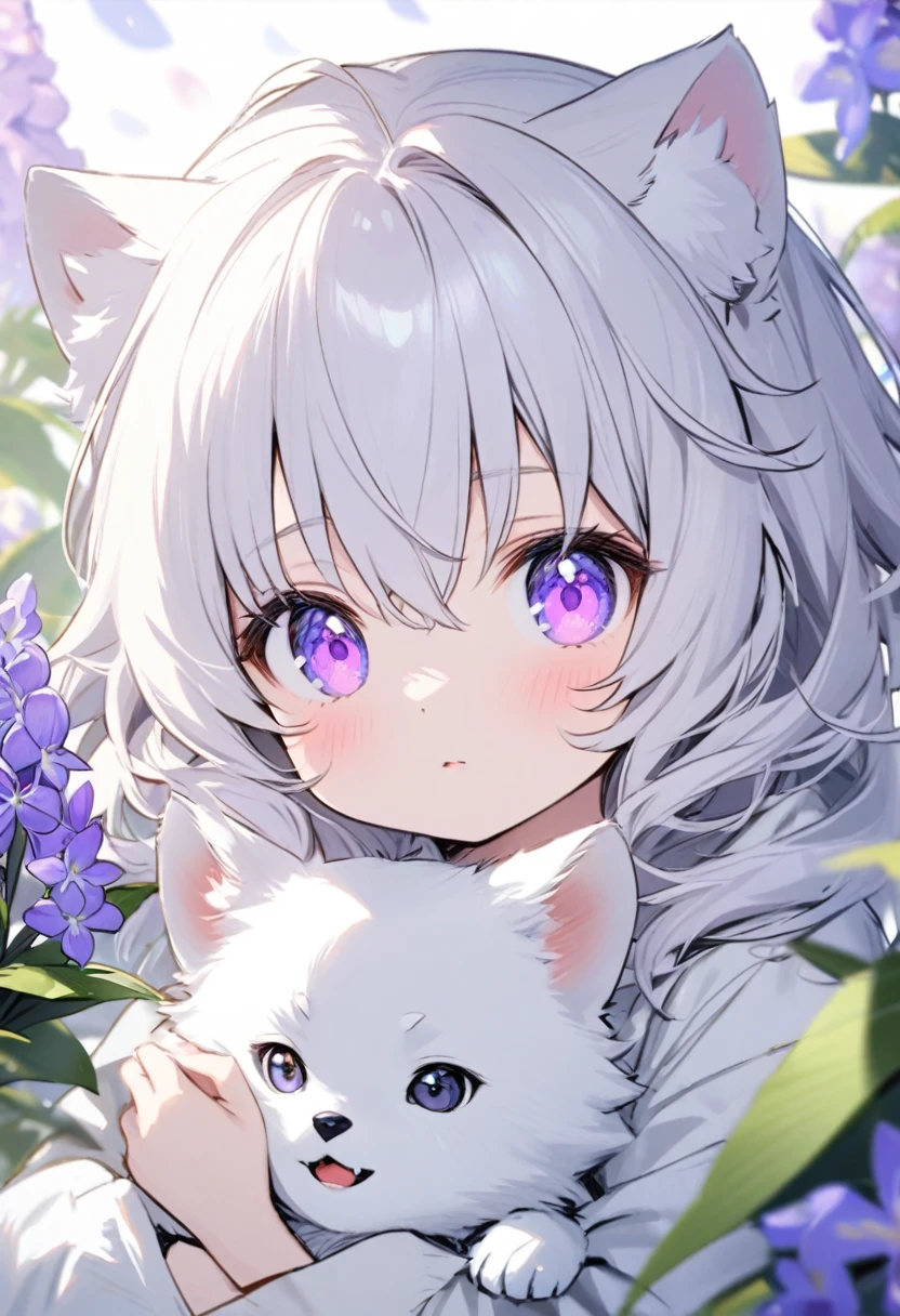 Small white wolf cub with lilac iris eyes