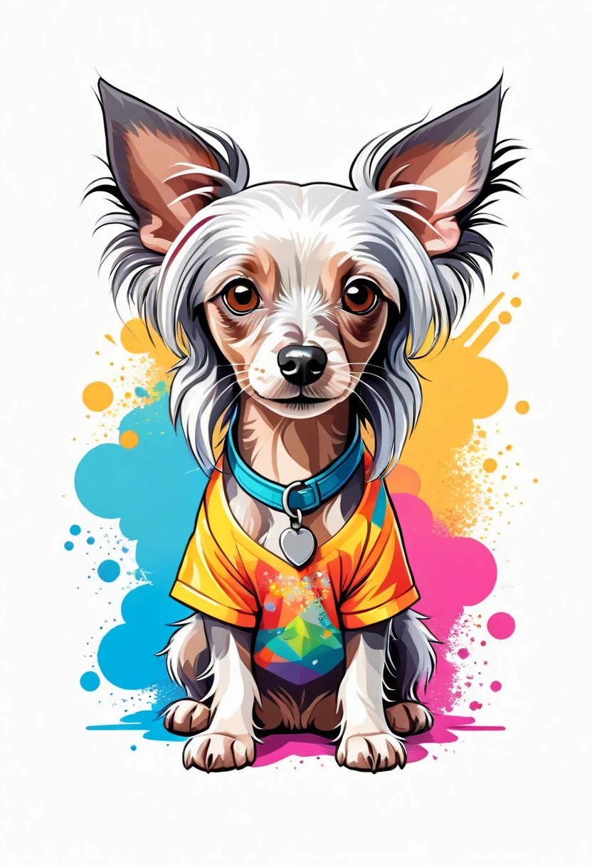 A t-shirt with graphic design art, flat illustration of a Chinese Crested Dog , cuddly, colorful tones, highly detailed cleanliness, imagem vectorial, photorealistic masterpiece, professional photograpy, plain white background, isometric, Vibrant, vector