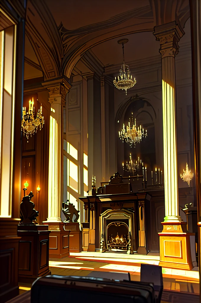 Description of the theatrical scene My hometown Theatrical perspective Mowaja (interior night): large windows, inside the house, reception room, fireplace, old books, old suitcase, some statues, paintings and everything that brings peace and tranquility, high quality, hyper reality, smoke, gray and yellow colors