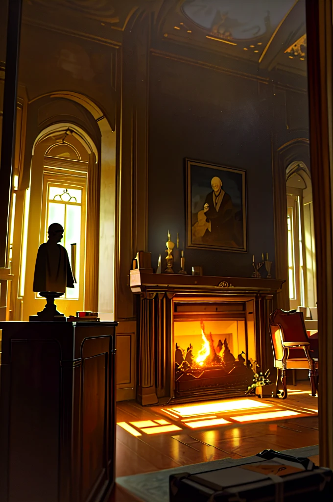 Description of the theatrical scene My hometown Theatrical perspective Mowaja (interior night): large windows, inside the house, reception room, fireplace, old books, old suitcase, some statues, paintings and everything that brings peace and tranquility, high quality, hyper reality, smoke, gray and yellow colors