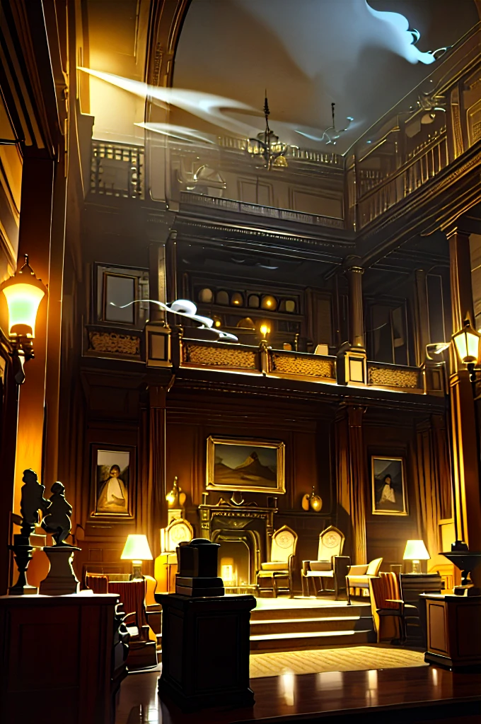 Description of the theatrical scene My hometown Theatrical perspective Mowaja (interior night): large windows, inside the house, reception room, fireplace, old books, old suitcase, some statues, paintings and everything that brings peace and tranquility, high quality, hyper reality, smoke, gray and yellow colors