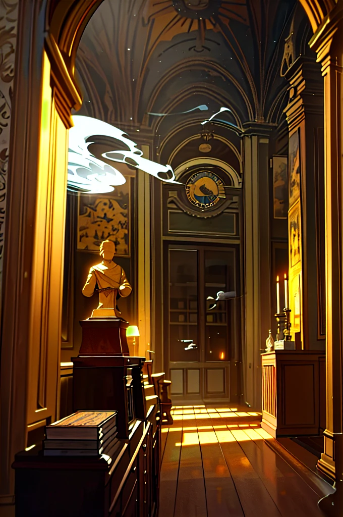 Description of the theatrical scene My hometown Theatrical perspective Mowaja (interior night): large windows, inside the house, reception room, fireplace, old books, old suitcase, some statues, paintings and everything that brings peace and tranquility, high quality, hyper reality, smoke, gray and yellow colors