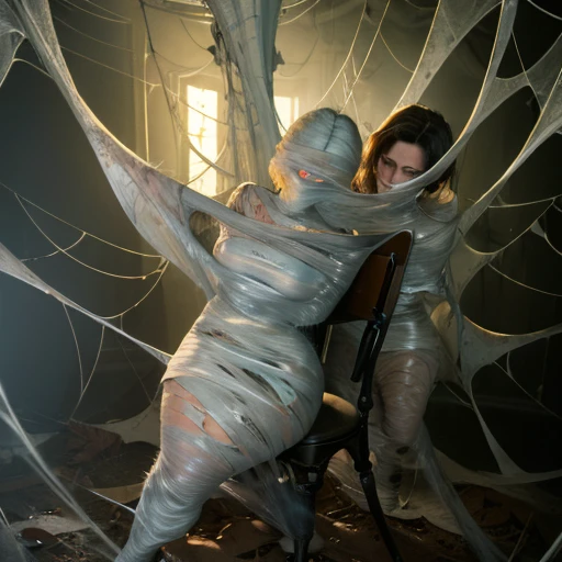1girl,web covered with dew, dimly lit, eerie atmosphere, dark colors, dusty chalkboard, old desks and chairs, broken windows, torn textbooks, abandoned spider's nest, 2 students in the background studying diligently, rays of sunlight filtering through the cracks. (best quality, highres), (realistic:1.37), oil painting, dramatic lighting, muted tones. (cocoon:1.3)