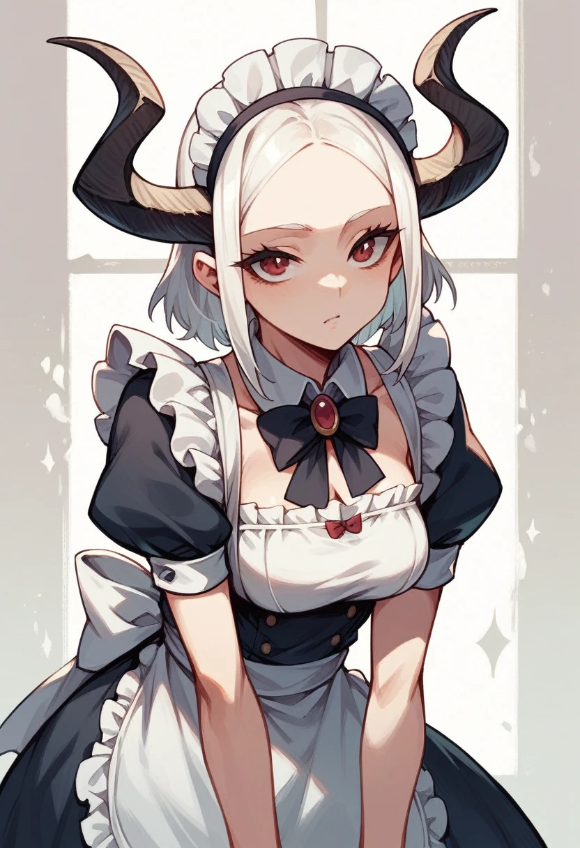 White-haired girl with a horn on her forehead and a maid&#39;s dress that exposes her abdomen 