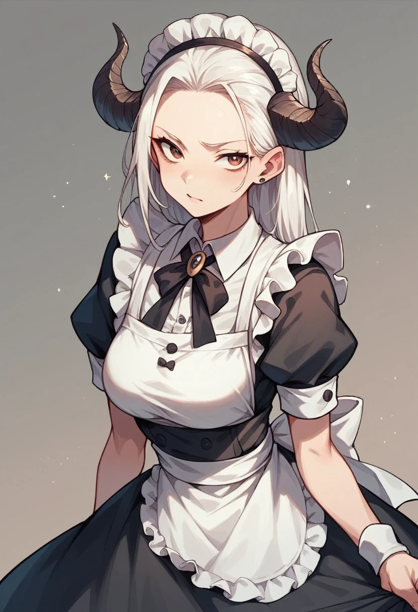 White-haired girl with a horn on her forehead and a maid's dress that exposes her abdomen
