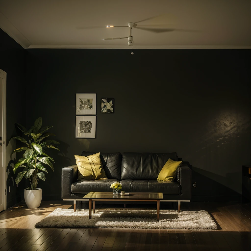 Futuristic living room with a dim yellow ambient lighting, flowering plants, and a modern art decor on the dark wall