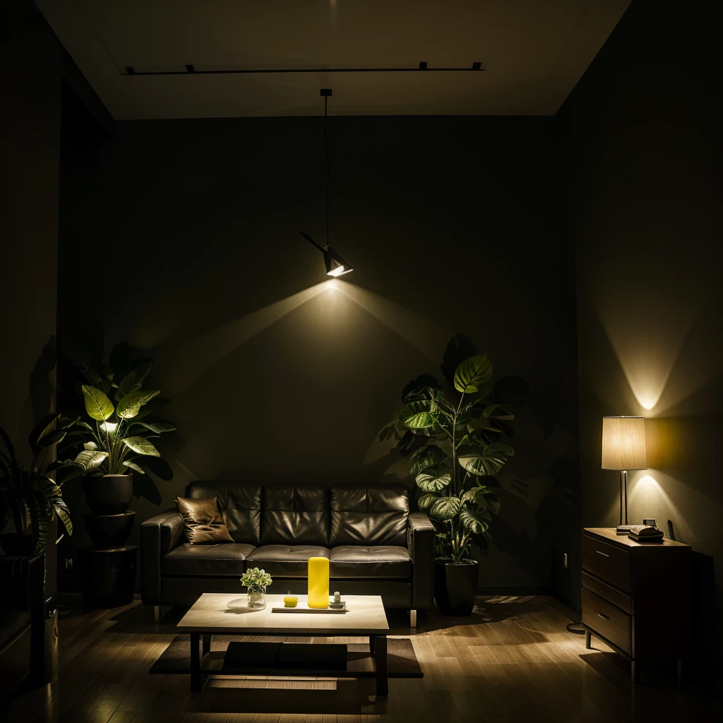 Futuristic living room with a dim yellow ambient lighting, flowering plants, and a modern art decor on the dark wall
