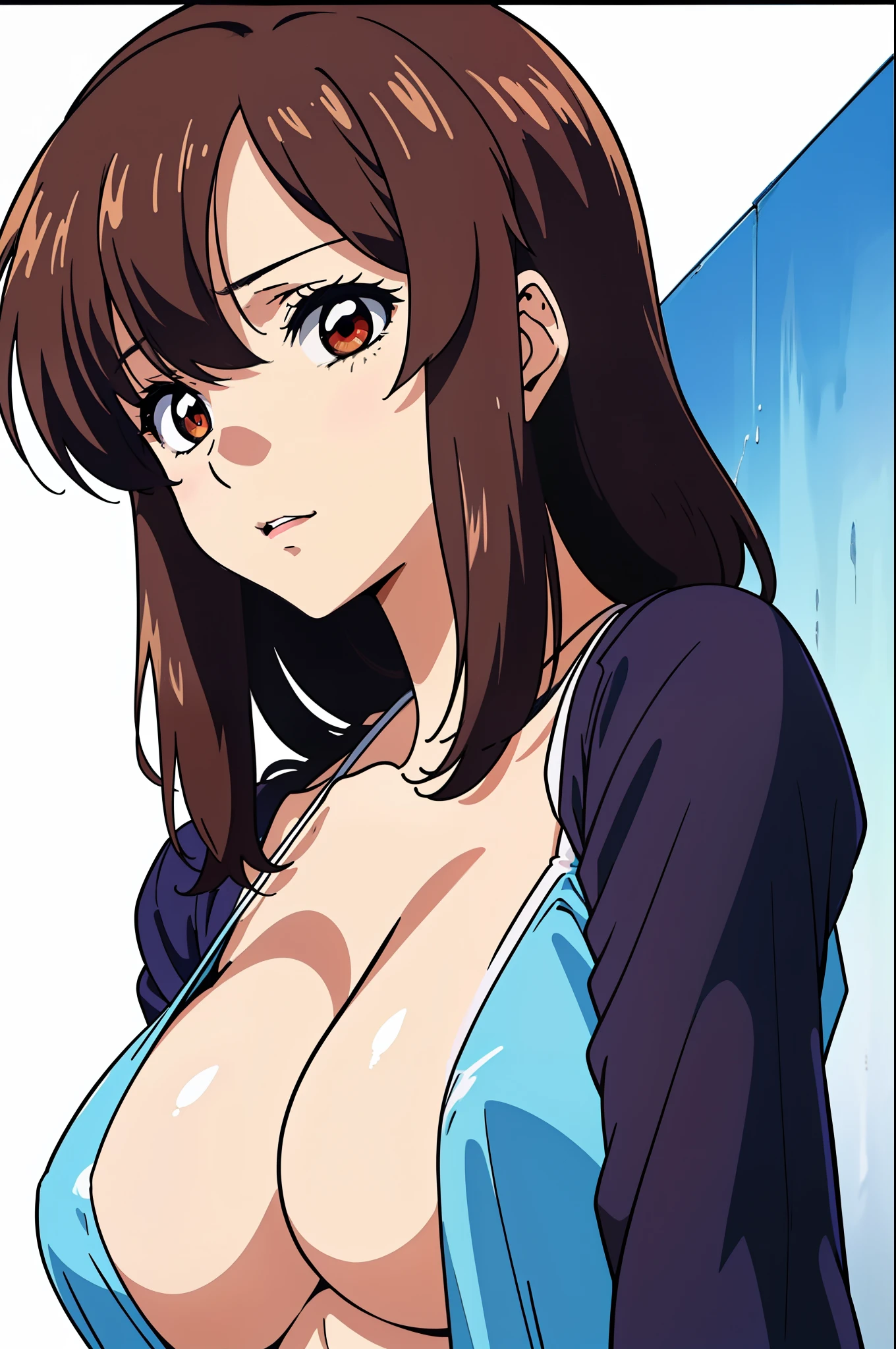 (masutepiece, Best Quality, High resolution:1.5, anime colours, megami magazine:1.2, anime poster style, anime keyvisual, sharp, 8k, photorealistic), (beautiful detailed eyes:1.5, beautiful detailed face:1.2), Murrue Ramius, 1girl, red eyes, blush, (brown hair, medium hair, bangs), (sagging huge breasts), (negligee:1.2, no bra), upper body, (Perfect detailed Anatomy, beautiful detailed hair, beautiful detailed body:1.2, shiny skin), (thick outline, Beautiful outlines, black outlines), simple background:1.5