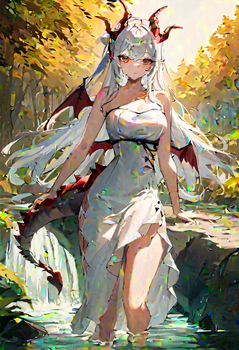 1girl,
solo, dragon girl,  dragon tail, dragon wings, dragon horns, white dress, long hair, side up, river, tree, forest,
masterpiece, best quality, absurdres, highres, recent, newest, sensitive