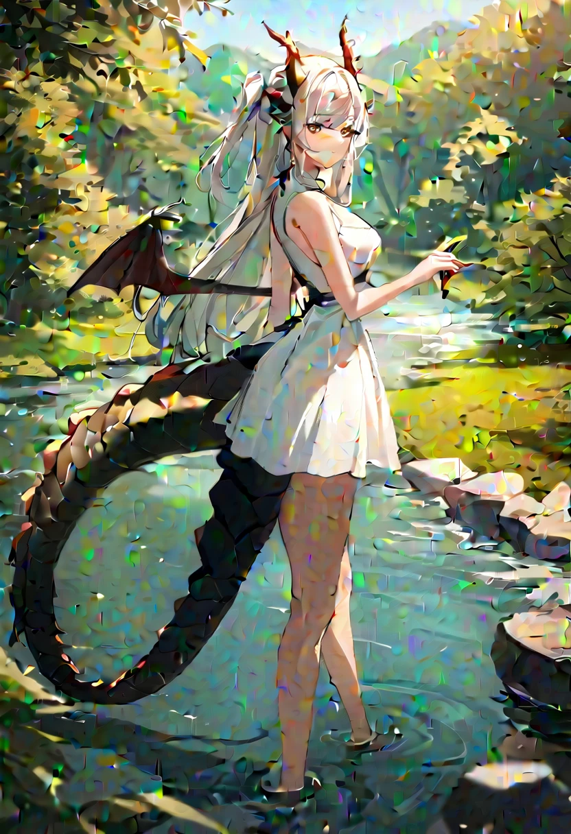 1girl,
solo, dragon girl,  dragon tail, dragon wings, dragon horns, white dress, long hair, side up, river, tree, forest,
masterpiece, best quality, absurdres, highres, recent, newest, sensitive