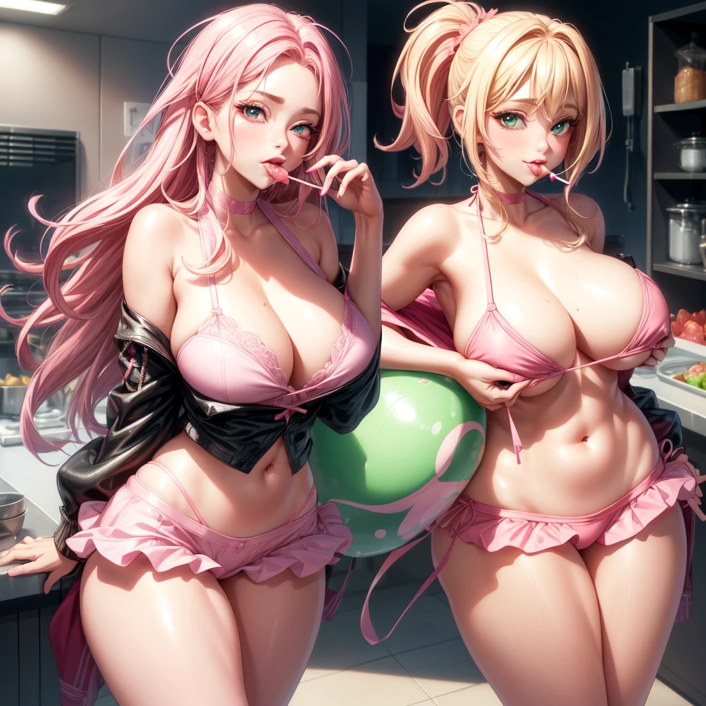 ((2 girls), solo, clevage, Big round breasts, trendy, stylish, clevage, thighs, hips, realistic, pink hair, blonde hair, light green eyes, lip gloss, detailed face, amazing big eyes, eye details, big lips, eyebrow details, blush, naughty, mischevious face, HD, good quality, kitchen, ****pop, licking ****pop, tongue, pink, bikini, indoors