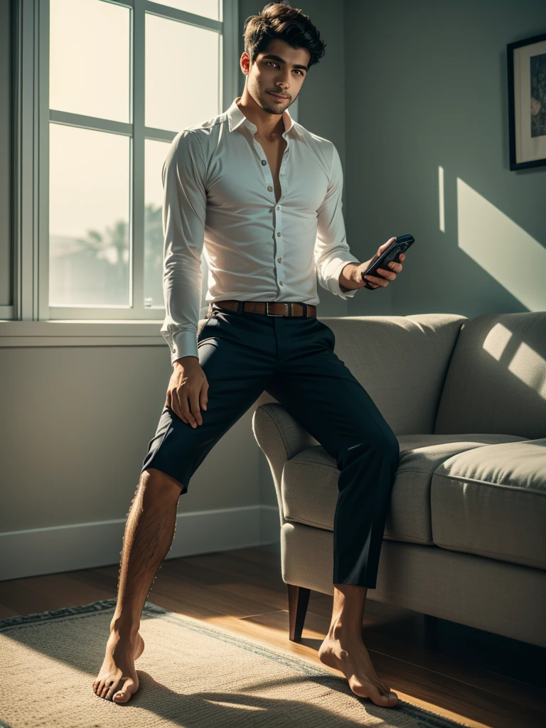 realistic image, 8K resolution, Realistic textures, natural lighting, detailed features and features, definition in feet, detailed and realistic feet. 25 year old Latin man, short hair, smiling. Wear formal clothes, barefoot. He is sitting on a sofa with his feet on a wooden table, He holds a cell phone in his hand and a remote control in the other.. Located in a minimalist room 