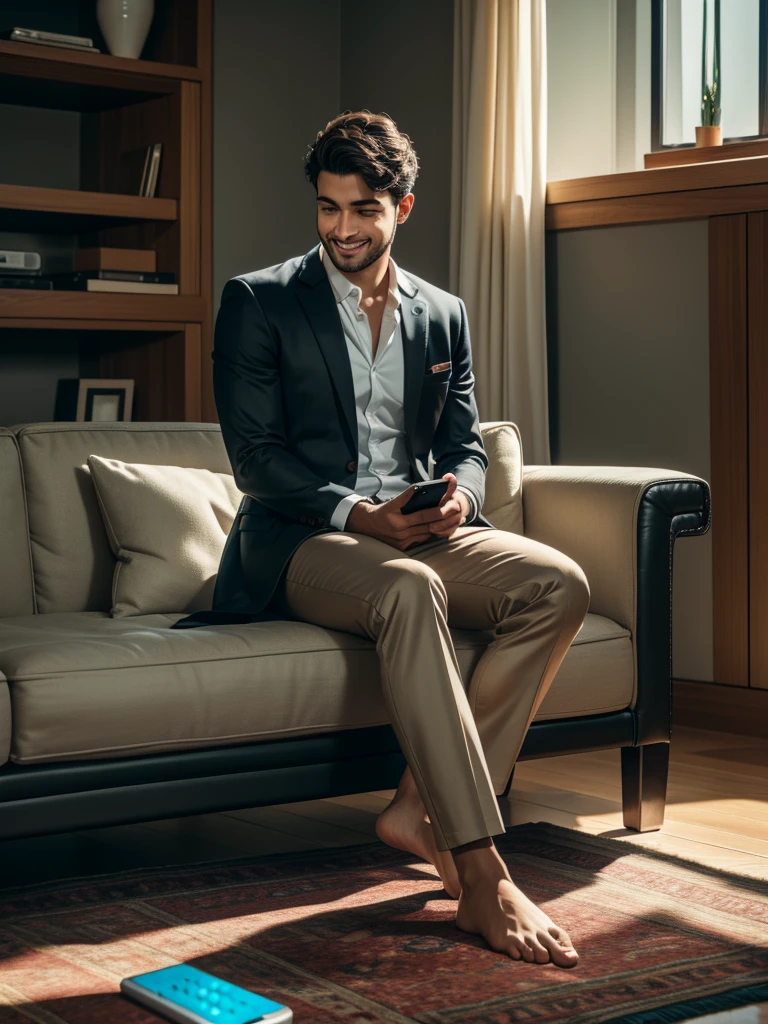 realistic image, 8K resolution, Realistic textures, natural lighting, detailed features and features, definition in feet, detailed and realistic feet. 25 year old Latin man, short hair, smiling. Wear formal clothes, barefoot. He is sitting on a sofa with his feet on a wooden table, He holds a cell phone in his hand and a remote control in the other.. Located in a minimalist room 