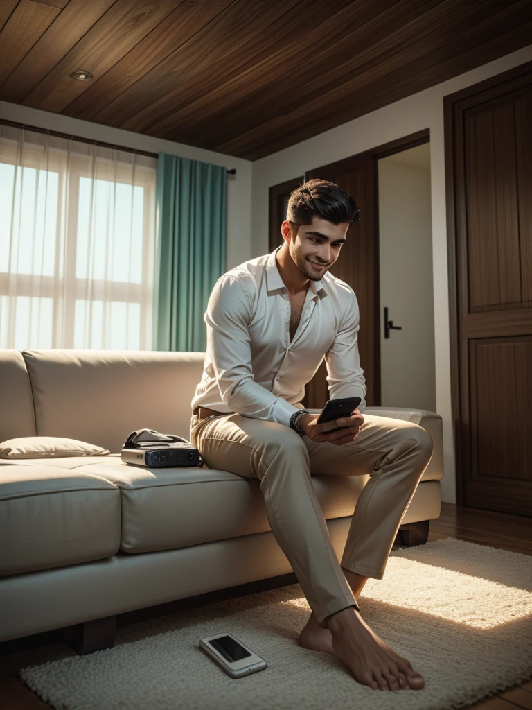 realistic image, 8K resolution, Realistic textures, natural lighting, detailed features and features, definition in feet, detailed and realistic feet. 25 year old Latin man, short hair, smiling. Wear formal clothes, barefoot. He is sitting on a sofa with his feet on a wooden table, He holds a cell phone in his hand and a remote control in the other.. Located in a minimalist room 