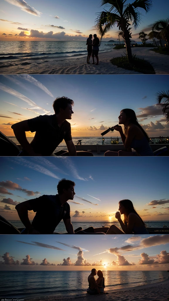 Day and night in Florida: A montage showing a couple enjoying different activities in Florida from sunrise to sunset and into the night, highlighting their love in various beautiful settings.
