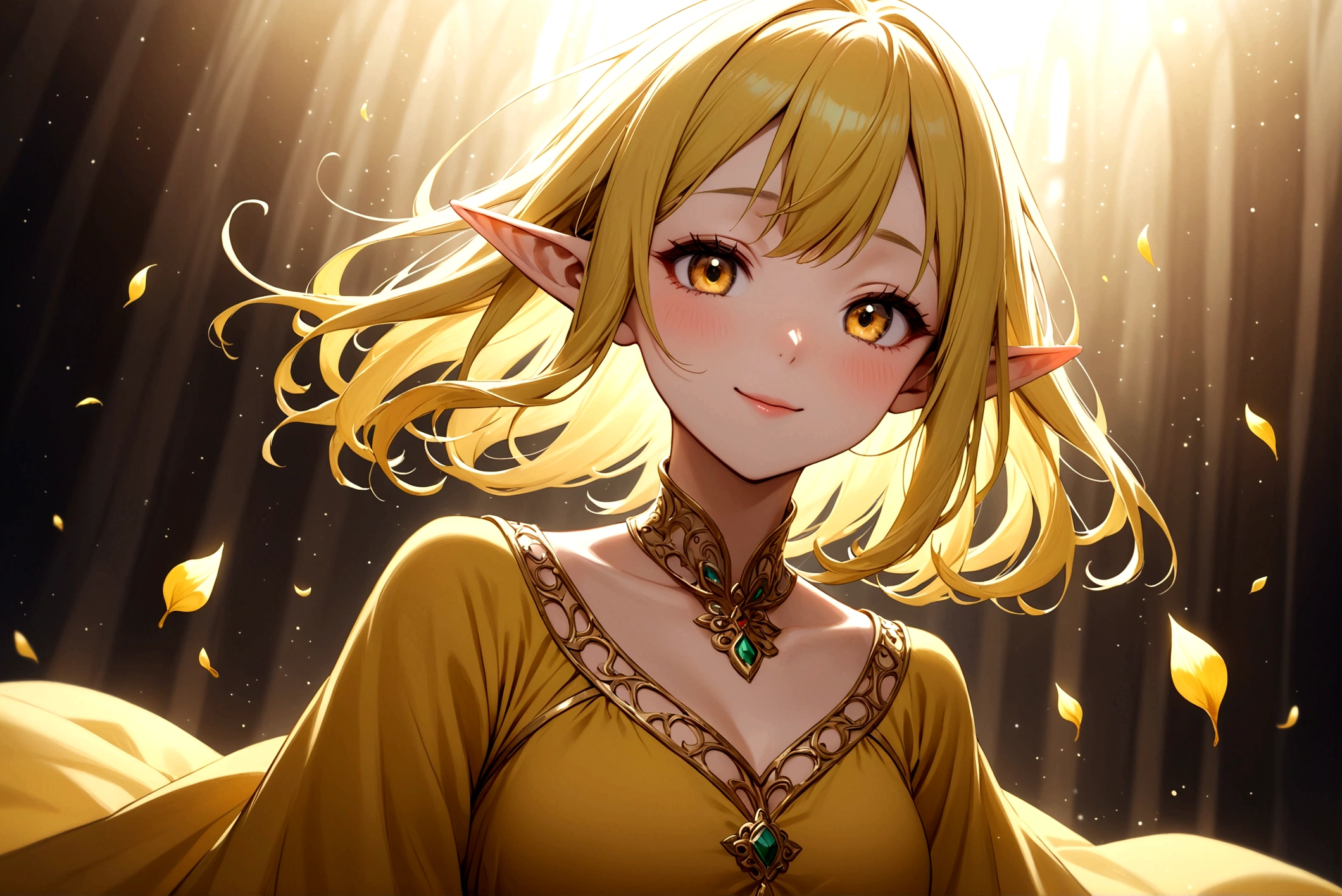 Happy god elf girl in yellow robe