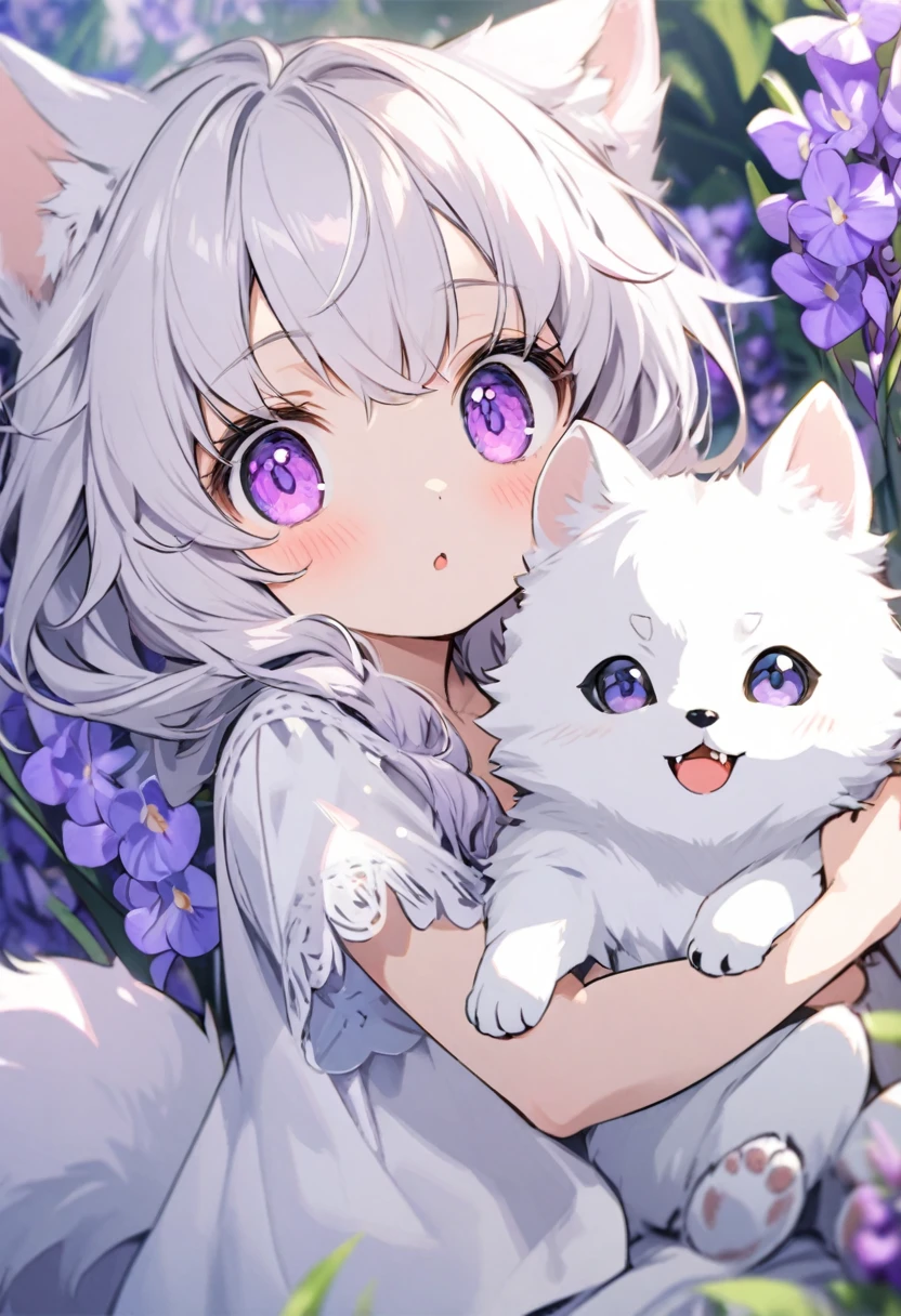  Small white wolf cub with lilac iris eyes 