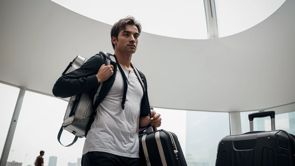 Adult male tourist carrying several heavy suitcases on his shoulders photography with white background