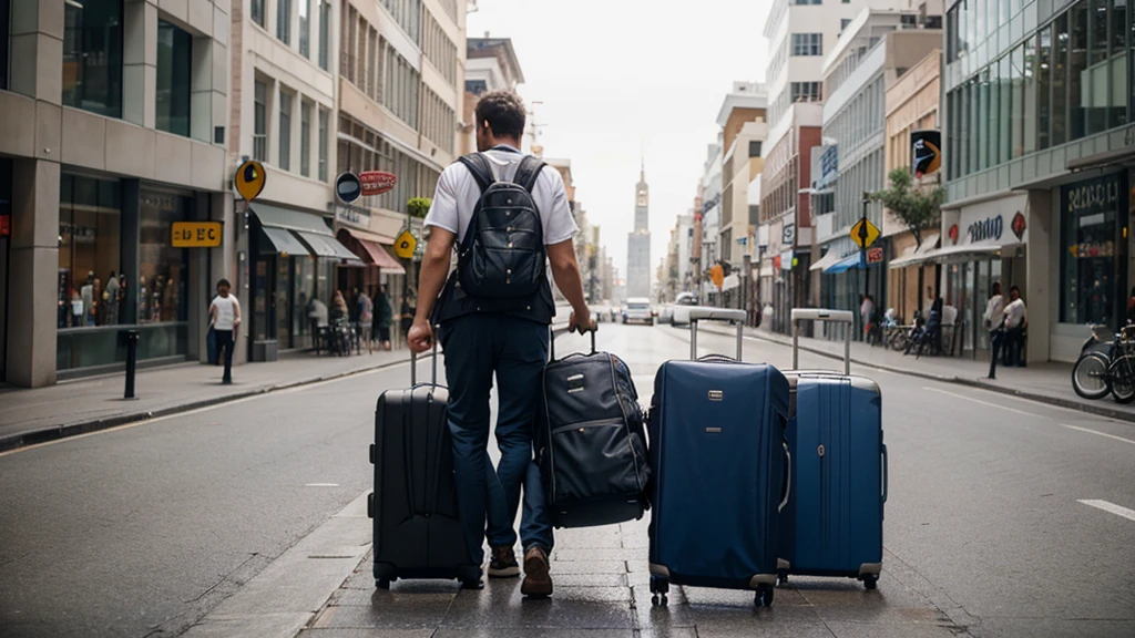 Adult male tourist carrying several heavy suitcases on his shoulders photography with white background