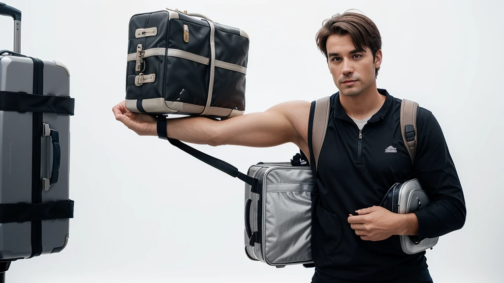 Adult male tourist carrying several heavy suitcases on his shoulders photography with white background