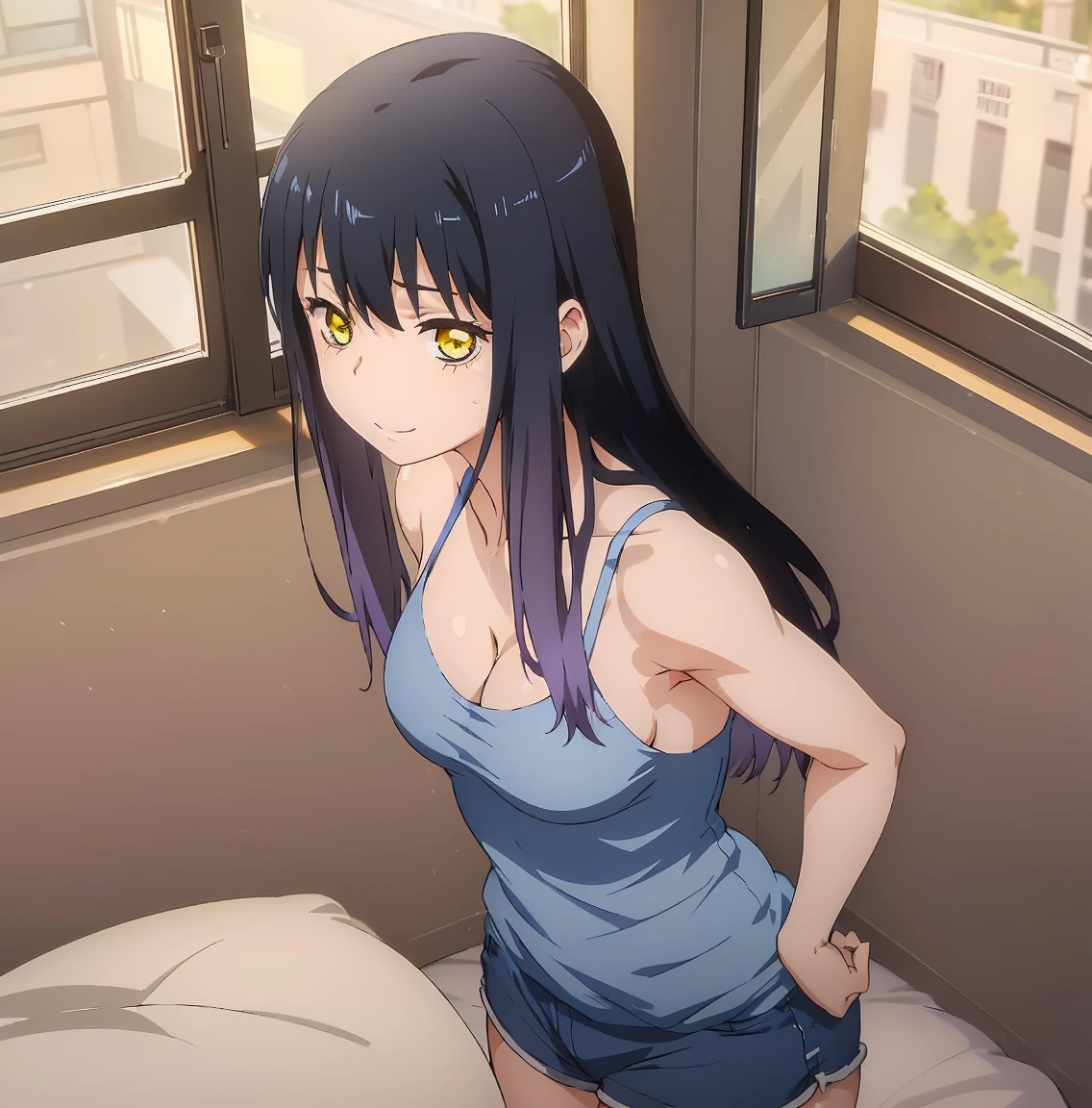 ((1girl)),((alone)),miko yotsuya,(masterpiece), (best quality), (ultra detailed), (best illustration), (best shadow), (absurdities), sharp focus, cowboy photo , looking at viewer, medium breasts, narrow waist, wide hips, wide thighs, round butt, dynamic posture, yellow eyes, blue-black hair, multi-colored hair, long hair, sports top black, cleavage, bare arms, tight top, bare shoulders, bare waist, denim shorts, short shorts, bare legs nervous and fearful smile, (sexy pose: 1.2), solo, standing, interior, Japanese house, bedroom, night , window, street lights, looking forward, ((focus on breasts)), point of view (from above), escalafrio, perfect anatomy, perfect hands