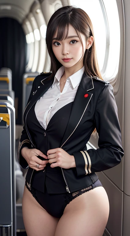 masutepiece, Best Quality, Photorealsitic, finely detail, hight resolution, 8K Wallpapers, A beautiful detailed eye, Medium Hair, big breast bulge 1.3)、A smile, Beauty、japanes、Staring at the person taking the photo、((accurate hands without incongruity))、(curby:1.2)、A detailed eye、Fine skin、 (cute little:1.2)、clavicle、 ((JPOP Idol、cameltoe))、Realistic face、stature:162cm、Weight:48kg、Bust:90cm、waistline:58cm、Buttocks:88cm、 g-cup、((Stewardess Jacket Uniform:1.2))、(Nasty underwear)、(Colossal tits)、thighs thighs thighs thighs、Perfect fit、Perfect image realism、(black backgrounds)、Cowboy Shot、Detailed background、detailed costume、Hyper-Realism、(Photorealsitic:1.4)、8K最hight resolution、(masterpiece)、Professional